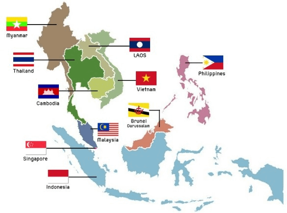 Countries in the ASEAN group on a map that can participate in the EUSFTA trade