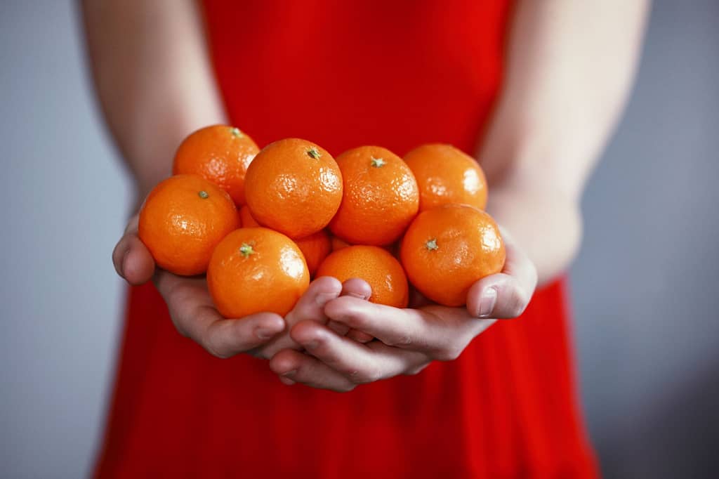 Woman in red dress holding onto a bunch of oranges