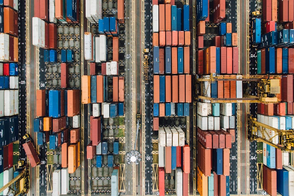 Overhead photos of shipment containers.